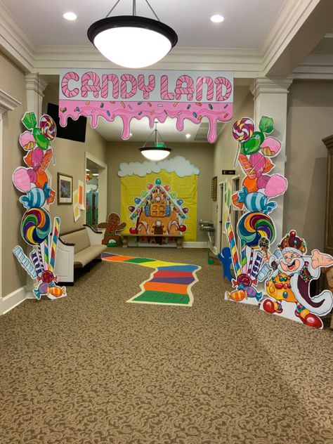 Candyland Classroom Door Decorations, Candy Land Cutouts, Candy Land Christmas Classroom Theme, Candyland Booth Ideas, Candy Land School Decorations, Candyland Floor Squares, Candy Land Theme Bulletin Boards, Candyland Window Display, Candy Vbs Theme