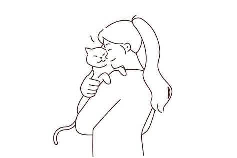 Cat And Owner Illustration, Cat Lover Drawing, Woman Holding Cat Drawing, Girl Holding Cat Drawing, Cat And Human Drawing, Cat And Girl Drawing, Cat And Girl Illustration, Girl And Cat Drawing, Person Holding Cat Drawing