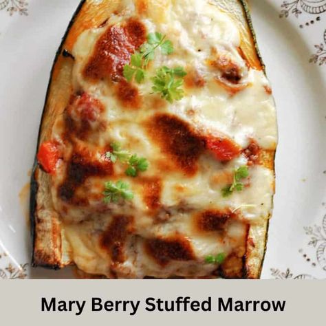 Mary Berry Stuffed Marrow Recipe Stuffed Marrow, Mary Berry Recipes, Mary Berry Cooks, Marrow Recipe, Pea And Mint Soup, Allotment Ideas, Beetroot Soup, Mary Berry Recipe, British Recipes