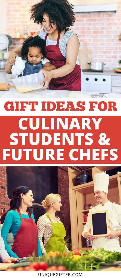 Gift Ideas for Culinary Students and Future Chefs | Graduation Gift Ideas for a Chef | Cooking School Gifts | Kitchen Themed Gift Ideas #culinarystudents #giftideasforchefs #giftsforachef #kitchentools #cookinggifts Culinary Graduation Party Ideas, Graduation Gift Basket, Themed Gift Ideas, Chef School, Graduation Gift Ideas, Pastry School, Student Teacher Gifts, Cooking Competition, Award Ideas