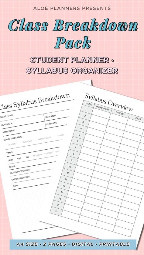 The 2023-2024 student planner is the ultimate organizational tool for students. With a course organizer & assignment tracker, this simple planner is designed to help you comb through your syllabus to help keep you on top of your studies and assignments. Compatible with GoodNotes and printable in A4 size, this simple planner will help you focus on school without getting overwhelmed.

You can print this product or use this digitally on PDF annotation app for iPads, such as GoodNotes or Notability. Syllabus Planner, Focus On School, Digital Student Planner, Class Syllabus, Best Daily Planner, Class Timetable, Assignment Tracker, Daily Routine Planner, Unique Planner