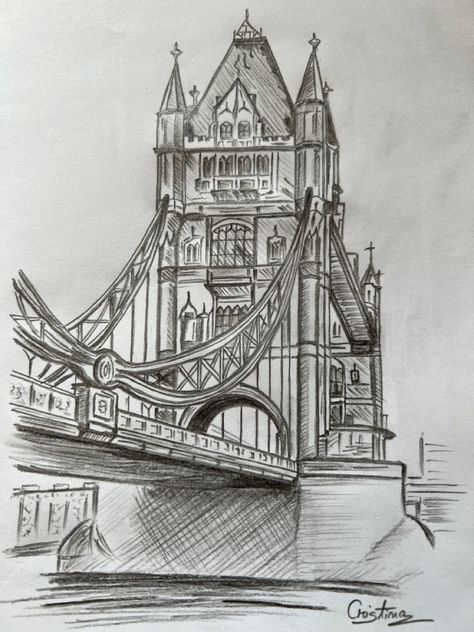 London Bridge — Drawing - pencil sketch - A place I ... 🧡💙💛💜 ...!!! Structure Sketch Architecture, London Pencil Drawing, Famous Building Sketches Architecture, Tower Bridge London Drawing, London Architecture Drawing, Bridge Drawing Sketches, Bridge Architecture Drawing, London Bridge Sketch, Pencil Drawing Building