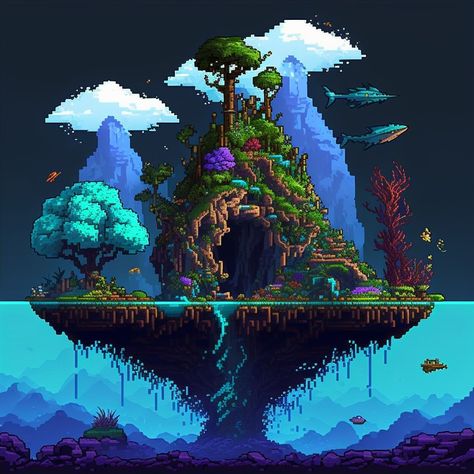 Terraria Floating Island, Terraria Mega Base, Terraria Landscape, Terraria Art Wallpaper, Terraria Background, Pixel Art Background Landscapes, Terraria Aesthetic, Terraria Characters, Terraria Base Ideas