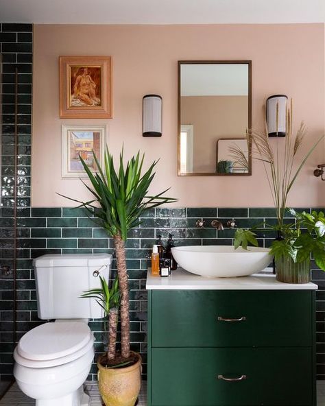 Green Cabinets Bathroom, Green And Pink Bathroom, Framed Wallpaper Panels, Green Bathrooms, Bungalow Extensions, Renovated House, House Renovation Projects, Green Tiles, Studio House