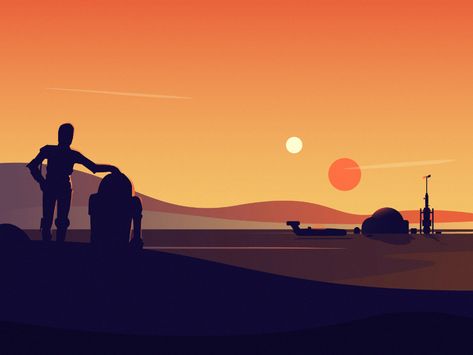 Sunset at Tatooine by Patryk Wojciechowicz 👀 for Fireart Studio on Dribbble Star Wars Travel Posters, Decoracion Star Wars, Star Wars Painting, Star Wars Room, Star Wars Tattoo, Star Wars Wallpaper, Star Wars Artwork, Star Wars Pictures, Star Wars Poster