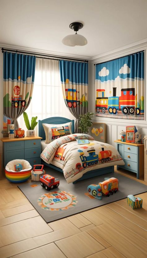 20+ Cool Train-Themed Boy's Room Ideas for Happy Kids 44 Toddler Boy Room Decor Ideas, Bedroom Ideas For Teen Boys, Beds With Slides, Fun Bedroom Ideas, Playschool Ideas, Jungle Bedroom Theme, Creative Ideas For Kids, Sons Room, Boys Bedroom Themes