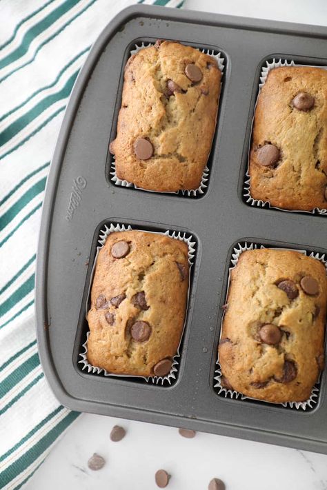 Chocolate Chip Banana Bread Mini-Loaves - Pretty Providence Mini Banana Bread Loaves Chocolate Chips, Banana Mini Loaf Recipe, Mini Loaf Pan Banana Bread Recipes, Chocolate Chip Banana Bread Mini Loaves, Mini Chocolate Chip Loaf, Banana Chocolate Chip Mini Loaves, Pampered Chef Mini Loaf Pan Recipes, Mini Loaf Bread Recipes, Mini Bread Recipes