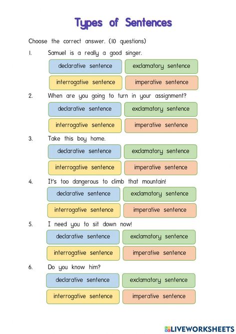 Types Of Sentences Worksheet Grade 5, 4 Types Of Sentences, Exclamatory Sentences, Sentence Types, Types Of Sentences Worksheet, Sentences Worksheet, Declarative Sentences, Imperative Sentences, Kinds Of Sentences