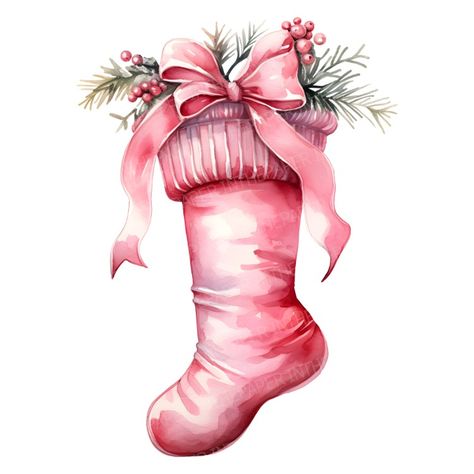 Enjoy the festive spirit with this watercolor clipart featuring a pink Christmas gift sock. These adorable, chubby socks are characterized by a thick cuff and a pink ribbon on top. Inside, you'll find Christmas-like green leaves and red berries, adding to the holiday charm. 🧦🎀🎄🎨 Ornament Ribbon, Poinsettia Decor, Printable Frames, Pink Heart Earrings, Christmas Sock, Watercolor Clip Art, Stocking Filler Gifts, Pink Socks, Christmas Stocking Fillers