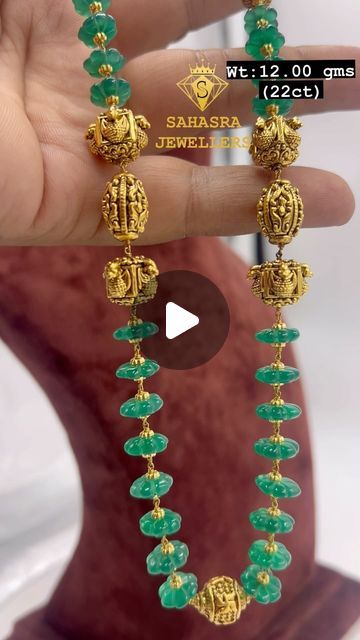 Emerald Beads Mala, Nakshi Balls, Beads Mala, Emerald Bead, South Indian Jewellery, Gold Ornaments, Mala Beads, Gold Earrings Dangle, Jewelry Maker