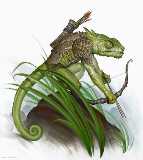 Notes of a Wandering Alchemist: Re-Skinning: Lizardfolk From Around The World Briareos Hecatonchires, Illustration Fantasy, Fantasy Magic, Bow And Arrow, Fantasy Races, Fantasy Monster, Art Fantasy, Creature Feature, Fantasy Rpg