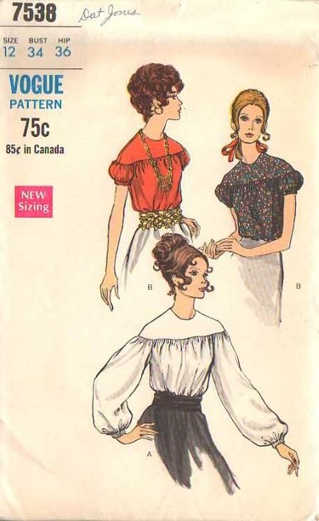 Womens Blouse Pattern, 60s Vintage Fashion, Vintage Clothes Patterns, Poet Blouse, Vintage Vogue Sewing Patterns, 1970s Sewing Patterns, Sleeve Variations, Patron Vintage, Vogue Sewing