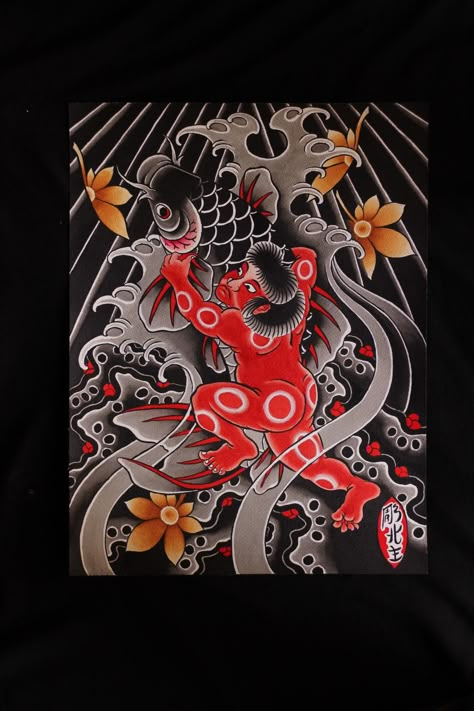 Kintaro Tattoo, Japanese Mythical Creatures, Japanese Back Tattoo, Oni Tattoo, Foo Dog Tattoo, Daruma Doll, Buddha Tattoo, Japanese Art Prints, Body Suit Tattoo