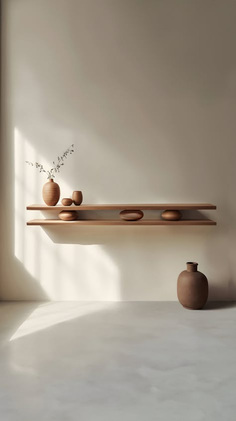 SOLACE COLLECTION — JOEL ESCALONA Japandi Wall Shelves, Japandi Feature Wall, Japandi Ceramic, Wabi Sabi Shelves, Japanese Shelves, Wall Shelves Kitchen, Empty Wall Ideas, Large Floating Shelves, Floating Console