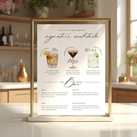 Fun Ideas For Wedding Guests, His And Hers Bar Menu Wedding, Drink Menu Wedding Bar Signs, His And Her Cocktails Wedding, Cocktail Style Wedding Reception, Wedding Cocktails Signature, Clean Modern Wedding, Watercolor Drinks, Alcohol Wedding