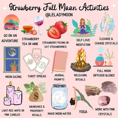 Full Moon Activities, Cosmic Witchcraft, Full Moon Vibes, Witch Info, Strawberry Full Moon, Full Strawberry Moon, Moon Activities, Magical Moon, Strawberry Moon