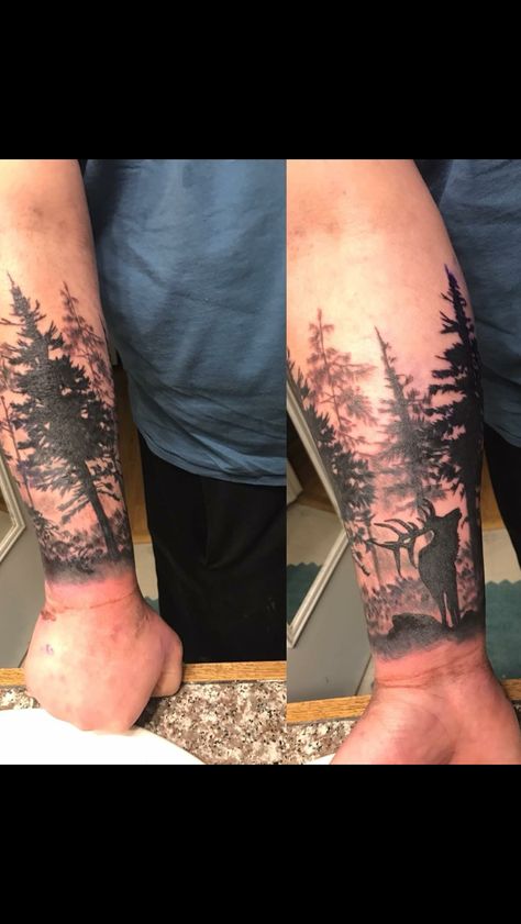 Elk Hunting Tattoos, Hunting Forearm Tattoos, Outdoors Tattoo For Men, Outdoor Tattoos For Men, Jt Tattoo, Hunting Tattoos For Guys, Forest Tattoo Sleeve, Moutain Tattoos, Wilderness Tattoo