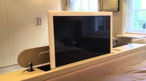 TV Lift Cabinet for End of Bed | The House Shop Blog End Of Bed Tv Unit, Tv At End Of Bed, Hidden Tv Bedroom, Bed Tv Lift, Tv Cabinet Diy, Projector Ideas, Tv Bed Frame, Hidden Tv Cabinet, Tv Bedroom