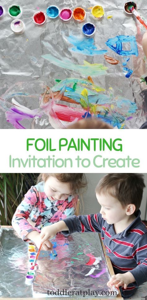 This Foil Painting activity literally took me less than a couple of minutes to prep, requires a couple of plain old craft supplies and Ecfe Class Ideas, Art Activity For Preschoolers, Painting Invitation, Foil Painting, Invitation To Create, Activity For Preschoolers, Simple Painting, Painting Activities, Invitation To Play