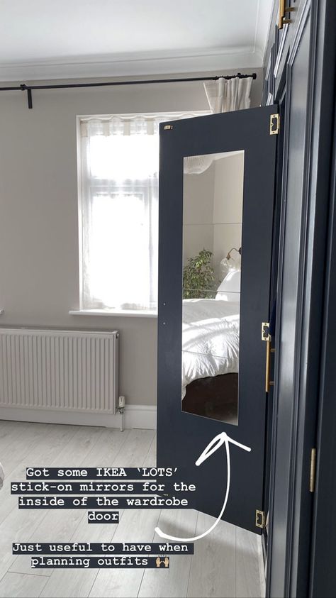 Wardrobe Mirror Inside, Mirror On Closet Door Diy, Mirror Inside Closet Door, Decorating Wardrobe Doors, Mirror Inside Wardrobe Door, Mirror Inside Wardrobe, Pax Closet Ideas, Bedside Vanity, Diy Bedside