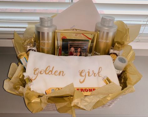 Golden Birthday Gift Basket, Golden Birthday Present Ideas, Golden Birthday Basket, Gold Gift Basket Ideas, Golden Birthday Gift Ideas, Gold Gift Basket, Golden Birthday Ideas, Golden Birthday Themes, Golden Birthday Gifts