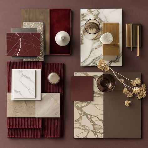 What’s your kitchen vibe? 💃 Sultry with rich woods and deep reds 💆‍♀️ Tranquil with soft greens and blues and muted grays Explore these moods and more at Moods on the Menu! Join us for light bites and design inspiration – RSVP today! #MoodsOnTheMenu #WegnerFineCabinetry #LuxuryKitchens #InteriorDesign Colourful Moodboard, Finishes Palette, Maroon Color Palette, Natural Colour Palette, Materials Board Interior Design, Cmf Design, Material Board, Material Palette, Interior Design Mood Board