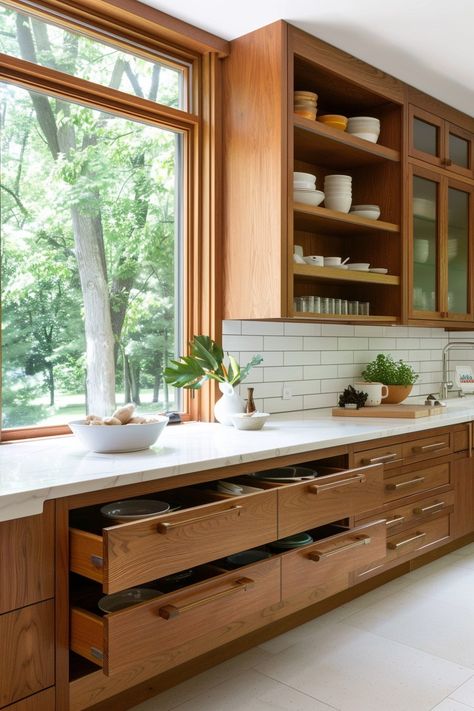 15 Mid-Century Modern Kitchen Remodel Tips – Everyday Inspo Mid Century Modern Kitchen Dining, Mid Century French Decor, Mid Century Galley Kitchen, Modern Oak Kitchen Cabinets, Midcentury Modern Kitchen Cabinets, Japandi Mid Century Modern, Modern French Kitchen, Minimalist Kitchen Diy, Mc Kitchen