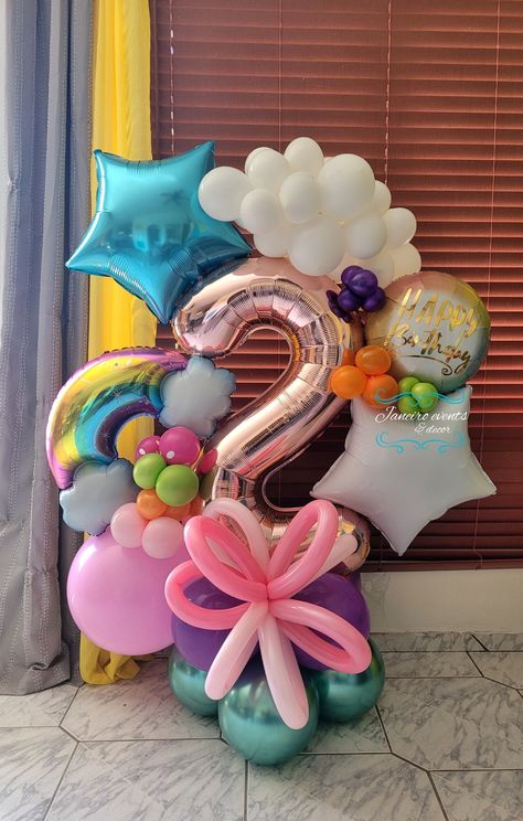 Balloon Bouquet 2nd Birthday, 7 Balloon Bouquet, 7 Birthday Balloon Bouquet, Number Balloon Arrangements, Rainbow Balloon Bouquet, Centerpieces Balloons, Small Number Balloon Bouquet, Monsters Inc Decorations, Balloon Bouquet Diy