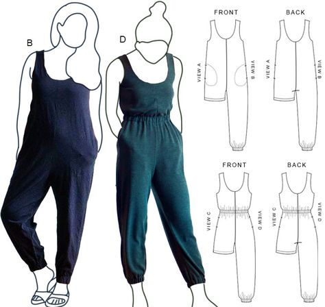 Sewing Pattern: Create a stylish wardrobe with this versatile sewing pattern for an ankle-length jumpsuit and short romper. Featuring a scoop neckline on both the front and back, wide shoulder straps, an elasticated waist, and cuffs for a comfortable and trendy look. The center front and back seams add a touch of sophistication to this chic ensemble. Printable Sewing Patterns Free, Pdf Sewing Patterns Free, Free Dress Sewing Patterns, Plush Sewing Patterns, Free Printable Sewing Patterns, Dress Sewing Patterns Free, Romper Sewing Pattern, Jumpsuit Pattern Sewing, Sewing Pants