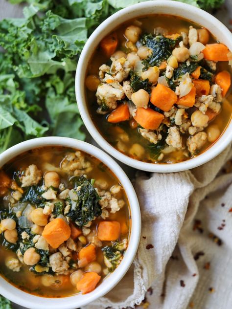 One-Pot Turkey Soup with Kale, Chickpeas, and Sweet Potatoes Kale Sweet Potato Soup, Chickpeas And Sweet Potatoes, Quinoa Desserts, Ground Turkey Soup, Soup With Kale, Comfy Food, Sweet Potato Kale, Pasta Sides, Easy Turkey