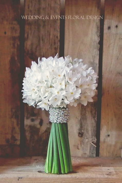 A White  Green Classic... Paperwhite Narcissus Bouquet with a Diamonte Wrap by Wedding  Events Floral Design Narcissus Wedding Bouquet, Narcissus Bouquet, Paperwhite Narcissus, Daffodil Wedding, Daffodil Bouquet, Simple Wedding Bouquets, Narcissus Flower, Unique Wedding Flowers, Weddings By Color