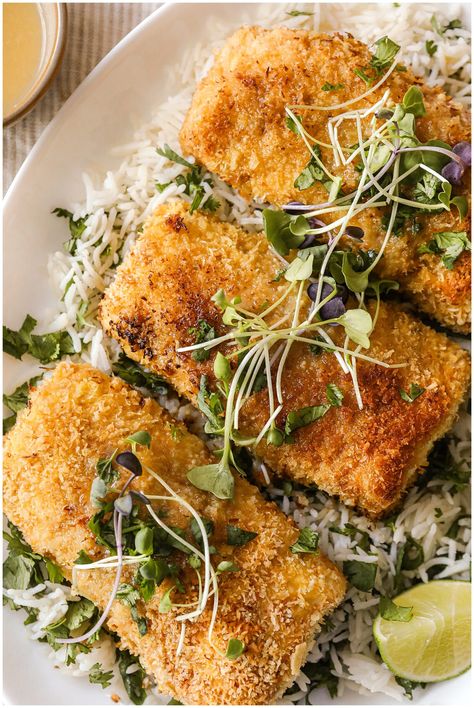 Mahi Mahi Coconut Rice, Coconut Crusted Mahi Mahi Recipes, Coconut Mahi Mahi, Stove Top Mahi Mahi Recipes, Pecan Crusted Mahi Mahi, Coconut Mahi Mahi Recipes, Mahi Mahi Recipes Aip, Macadamia Crusted Mahi Mahi, Breaded Mahi Mahi Recipes