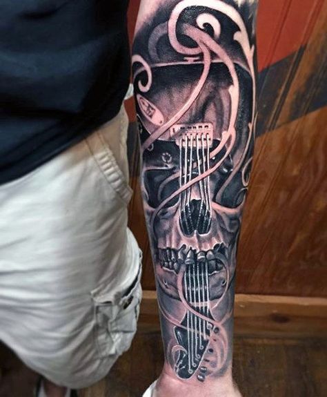 Mens Forearm Sleeve, Guitar Tattoo Ideas, Music Sleeve, Skull Guitar, Guitar Tattoo Design, Music Tattoo Sleeves, Tattoo Music, Guitar Tattoo, Music Tattoo Designs