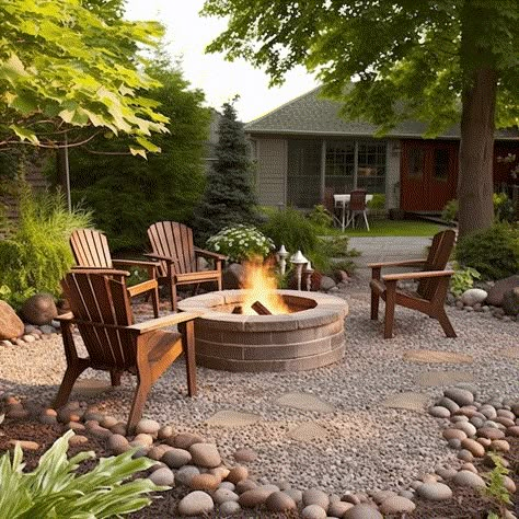 Create a Gravel Fire Pit Area Front Yard Landscaping Idea With Rocks Image Front Yard Patio Ideas With Fire Pit, Gravel Patio Fire Pit, Gravel Fire Pit Area, Tree Landscaping Ideas, Firepit Design, Steel Decor, Outdoor Fire Pit Area, Landscaping Ideas With Rocks, Tiny Farm