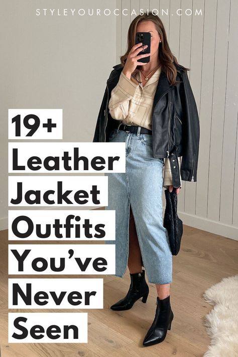 Looking for leather jacket outfit ideas for women in 2024 (spring, summer, fall, and winter)? You’ll love this list of classy outfits with jeans, a dress, and more! There’s looks with oversized leather jackets, biker jackets, vintage jackets, and Moto jackets too! Oversized Leather Jacket Outfits Night Out, What To Wear With Moto Jacket, Black Motorcycle Jacket Outfit, Oversized Motorcycle Jacket Outfit, Leather Jacket 2024, Leather Jacket Outfit 2024, Classy Leather Jacket Outfit, Oversized Leather Jacket Outfits Street Styles, Oversized Moto Jacket Outfit