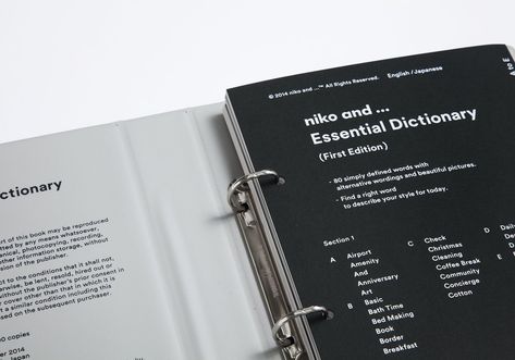 niko and… Essential Dictionary | Fashion Booklet Layout and Design Inspiration | Award-winning Graphic Design | D&AD #yellowpencilwinner Dictionary Design Layout, Dictionary Graphic Design, Encyclopedia Design Layout, Digital Minimalism Book, Dictionary Design, Minimal Publication Design, Experimental Book Design, Fashion Booklet, Booklet Layout