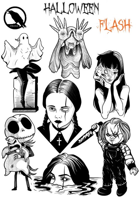 Halloween Horror Tattoo, Movie Character Tattoos, Horror Flash, Tattoo Art Drawings Sketches, Fancy Tattoo, Horror Drawings, Chest Tattoo Stencils, A Lot Of Tattoos, Tattoo Portfolio Ideas