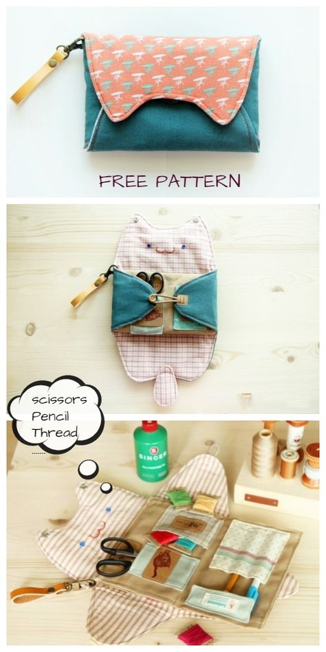 DIY Kitty Cat Sewing Kit Bag Free Sewing Pattern & Tutorial Dompet Koin Diy, Sewing Kit Bag, Sewing Organizer, Diy Sy, Projek Menjahit, Tutorial Sewing, Organizer Diy, Sew Ins, Trendy Sewing