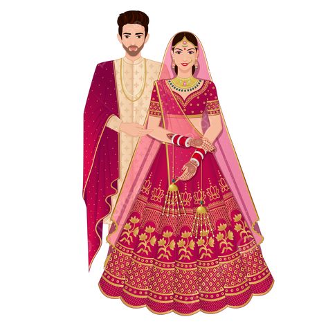 Bride Nd Groom Wedding Dress, Sikh Couple Illustration, Indian Bride And Groom Illustration, Wedding Illustration Couple, Bride Cartoon, Bridal Asia, Indian Sherwani, Bride Clothing, Couple Illustration Wedding