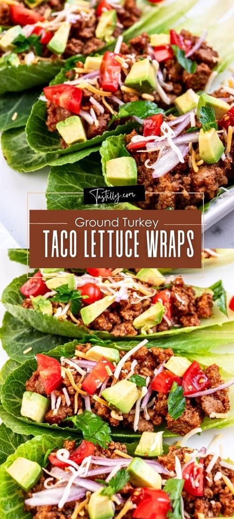 25-Minute Turkey Taco Lettuce Wraps - Tastilly Mexican Toppings, Seasoned Ground Turkey, Turkey Taco Lettuce Wraps, Lettuce Wraps Healthy, Lettuce Tacos, Taco Lettuce Wraps, Turkey Lettuce Wraps, Ground Turkey Tacos, Turkey Taco