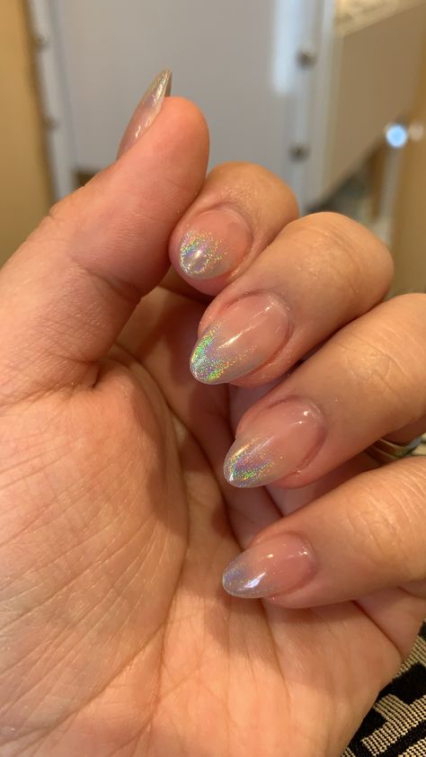 Holo Tip Nails, Disco Gel Nails French, Prom Nails Holographic, Holographic French Tip Nails Short, Fairy French Nails, French Tip Opal Nails, Holographic Winter Nails, Simple Iridescent Nails, Silver Irridescent Nails