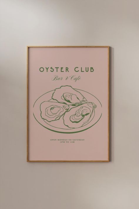 Oyster Print, Boston Oyster Bar Poster, Food illustration, Line Drawing, Kitchen Wall Decor, Danish Pastel Pink, Art Painting, Coastal, Seaside, Room Coastal Pastel Decor, Oyster Print Art, Oyster Bar Design, Oyster Wall Art, Oyster Poster, Oyster Drawing, Oyster Illustration, Food Line Art, Pastel Pink Art