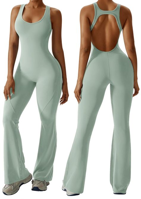 PRICES MAY VARY. ❤️The 2024 chic backless jumpsuit features cutout racerback straps, a flattering Sweetheart-neckline with removable padded bras, and flare pants that creates a sleek, modern silhouette. ❤️Made of 78% Nylon and 22% Spandex, our smooth jumpsuit is lightweight, stretchy, breathable, moisture-wicking, quick drying, non see through and skin-friendly. Seamless jumpsuit is comfy to wear, just like your second skin. ❤️The one piece workout outfit allows for flexible movement, and adjust Trendy Fitness Outfits, Boho Workout Clothes, Feminine Workout Clothes, Workout Outfits Women Gym, Gym Fits Modest, 70s Workout Clothes, Light Green Jumpsuit, Cute Gym Outfits For Women, Cute Exercise Outfits