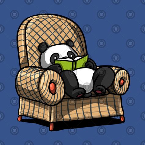 Check out this awesome 'Cute+Panda+Bear+Book+Reading+Lover+On+Armchair' design on @TeePublic! Panda Reading Book, Bear Reading A Book, Jungle Creatures, Fantasy History, Cute Panda Cartoon, Panda Artwork, T Rex Humor, Teacher Librarian, Cartoon Panda