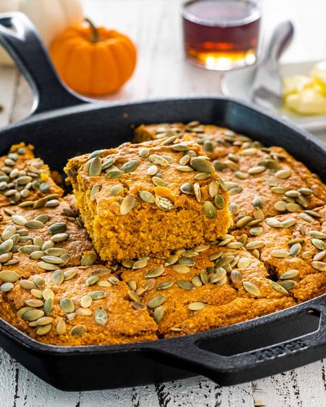 This Fall inspired easy-to-make Pumpkin Maple Cornbread is not only moist and delicious, it can be made in about 30 minutes. A crisp golden crust, fluffy center, lots of pumpkin flavor, this maple syrup infused cornbread is perfect fall comfort food. #cornbread #pumpkincornbread #pumpkin #recipe Maple Cornbread, Chinese Honey Chicken, Pumpkin Cornbread, Comfort Recipes, Pumpkin Delight, Pumpkin Seed Recipes, Jo Cooks, Pumpkin Recipe, Fall Comfort Food