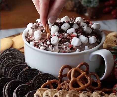 Hot Chocolate Dip Charcuterie Board, Hot Chocolate Dip With Cream Cheese, Hot Chocolate Cool Whip Dip, Hot Chocolate Dip Cool Whip, Fun Hot Chocolate Ideas, Hot Cocoa Dip Recipe, Holiday Dessert Dips, Cool Whip Dip Recipes, Sweet Dips For Parties