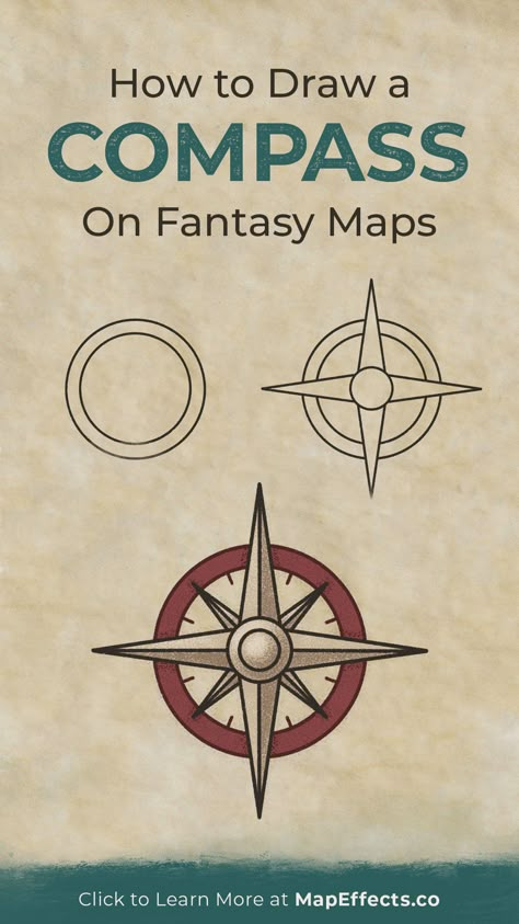 How to Draw a Compass Rose on Your Fantasy Maps — Map Effects Old Map Compass Drawing, Fantasy Map Compass Drawing, Making Your Own Map, How To Draw Fantasy Maps, How To Make A Map, How To Draw A Map, How To Make A Fantasy Map, Old Map Drawing, Map Fantasy Art