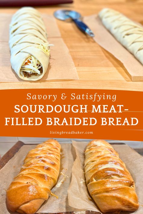 This Sourdough Meat Filled Braided Bread is a huge crowd pleaser for a savory dinner.  The version we enjoy most is a braided taco bread, but there are many ways to customize and enjoy this recipe so be sure to check out the variations and notes at the end.  The dough for this recipe is soft, flavorful and easy to make. It combines so perfectly with the savory filling! Stuffed Sourdough Bread Recipes, Braided Sourdough Bread, Savory Sourdough Recipes, Taco Bread, Sourdough Dinner, Stuffed Breads, Savory Dinner, Braided Bread, Bread Easy