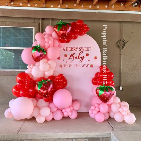 #berrysweetbabyshower • Instagram Strawberry Theme Balloons, A Berry Sweet Baby Is On The Way Theme, Strawberries Baby Shower Ideas, Berry Shower Theme, Babygirl Baby Shower Ideas, Berry Cute Baby Shower Ideas, Berry Sweet Baby Shower Centerpieces, A Berry Sweet Baby Shower Theme, Girl Theme Baby Shower Ideas