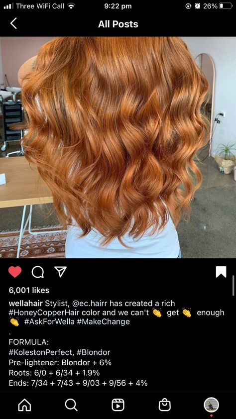 Cooper Formula Hair, Wella Copper Hair Color, Golden Copper Hair Color Formula, Cooper Peach Hair, Ginger Hair Wella Formula, Golden Copper Hair Formula, Ginger Hair Formula, Wella Copper Formula, Redken Copper Hair Formulas